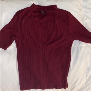FOREVER21 MAROON CHOKER V-NECK CROP TOP